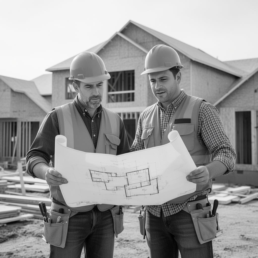 Father-and-son contractors reviewing plans on a job site