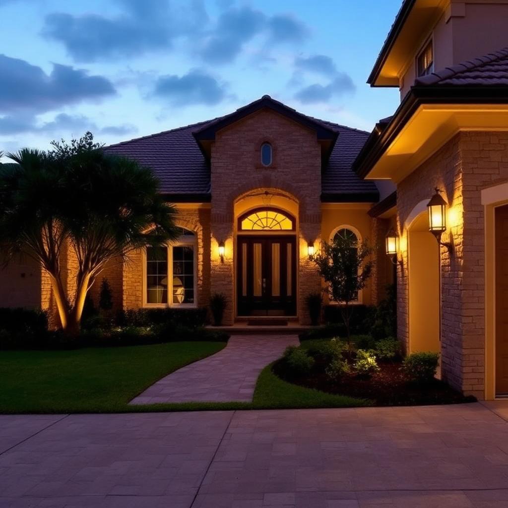 Custom home exterior at dusk